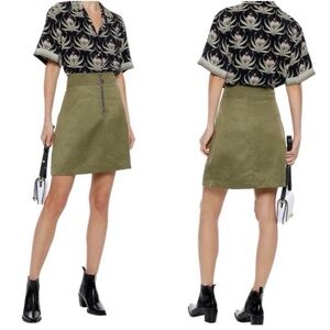 Sandro Paris Erman Front Zip Skirt Linen Cotton Blend Olive Green Size 0